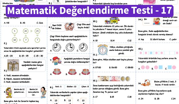 ilkokul 1 Sinif Matematik Degerlendirme Testi 17 Ornek Resim 1