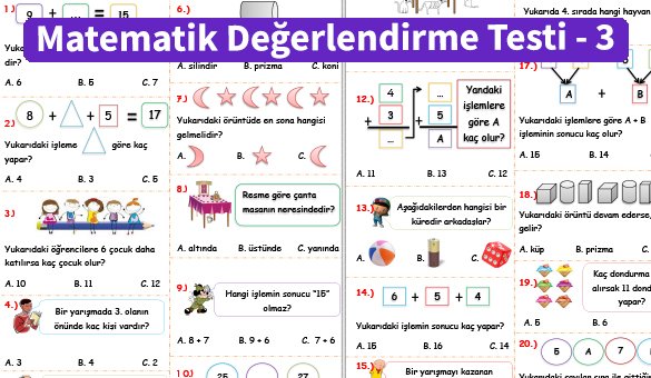 ilkokul 1 Sinif Matematik Degerlendirme Testi 3 Ornek Resim 1