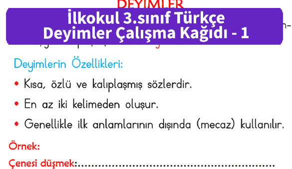 ilkokul 3 sinif turkce deyimler calisma kagidi