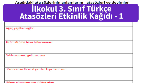ilkokul 3 Sinif Turkce Atasozleri Etkinlik Kagidi