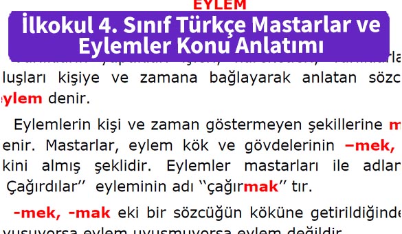 ilkolul 4 Sinif Turkce Mastarlar ve Eylemler Konu Anlatimi pdf indir