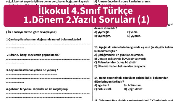 ilkokul 4 Sinif Turkce 1 Donem 2 Yazili Sorulari 1