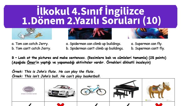 ilkokul 4 Sinif ingilizce 1 Donem 2 Yazili Sorulari 10