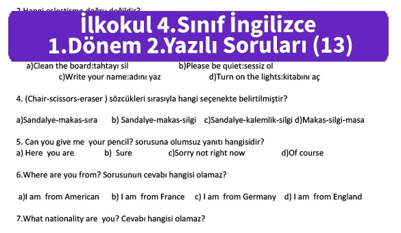 ilkokul 4 Sinif ingilizce 1 Donem 2 Yazili Sorulari 13