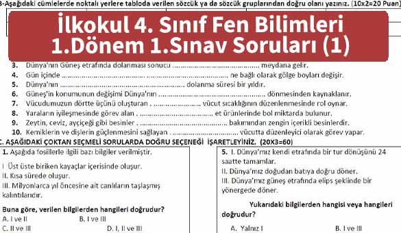 ilkokul 4 Sinif Fen Bilimleri 1 Donem 1 Sinav Sorulari 1 Foto