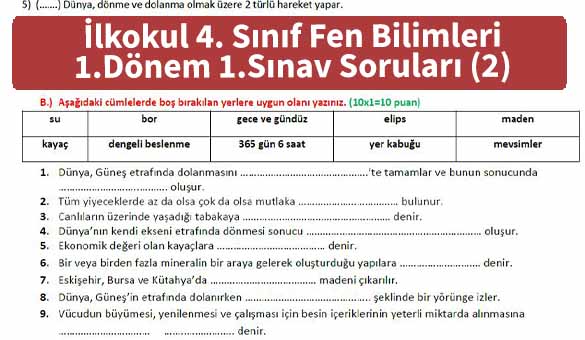 ilkokul 4 Sinif Fen Bilimleri 1 Donem 1 Sinav Sorulari 2 Foto