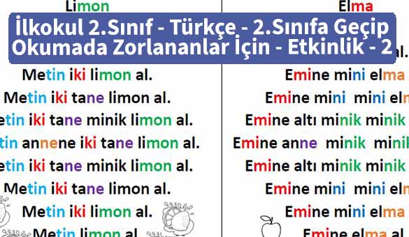 İlkokul 2.Sınıf – Türkçe – 2.Sınıfa Geçip Okumada Zorlananlar İçin – Etkinlik-2