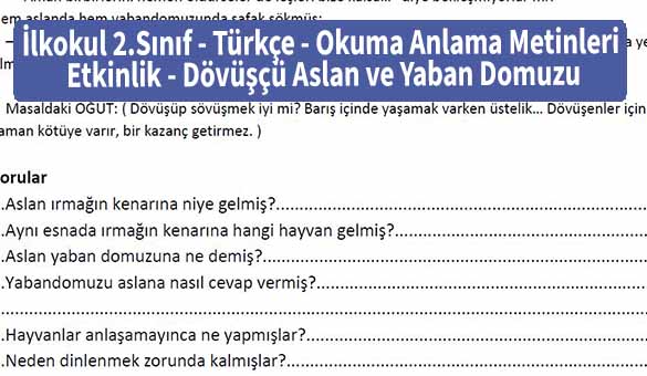 İlkokul 2.Sınıf - Türkçe - Okuma Anlama Metinleri - Etkinlik - Dövüşçü Aslan ve Yaban Domuzu