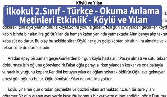 İlkokul 2.Sınıf - Türkçe - Okuma Anlama Metinleri - Etkinlik - Köylü ve Yılan