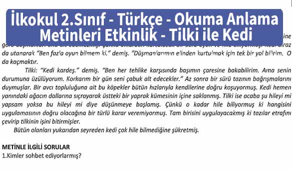 İlkokul 2.Sınıf – Türkçe – Okuma Anlama Metinleri – Etkinlik – Tilki ile Kedi – Pdf İndir