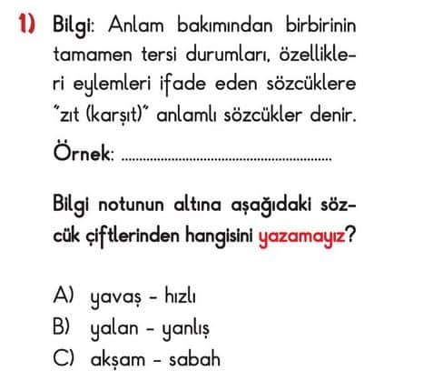 3.Sinif Turkce Zit Anlamli Kelimeler Online Test Coz 1