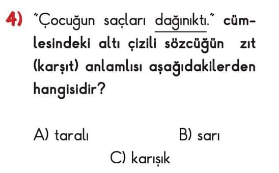 3.Sinif Turkce Zit Anlamli Kelimeler Online Test Coz 4