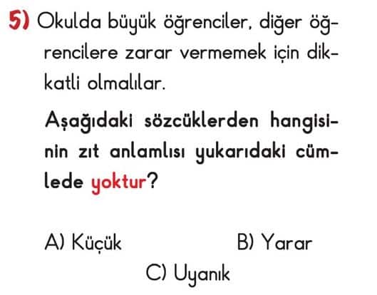 3.Sinif Turkce Zit Anlamli Kelimeler Online Test Coz 5